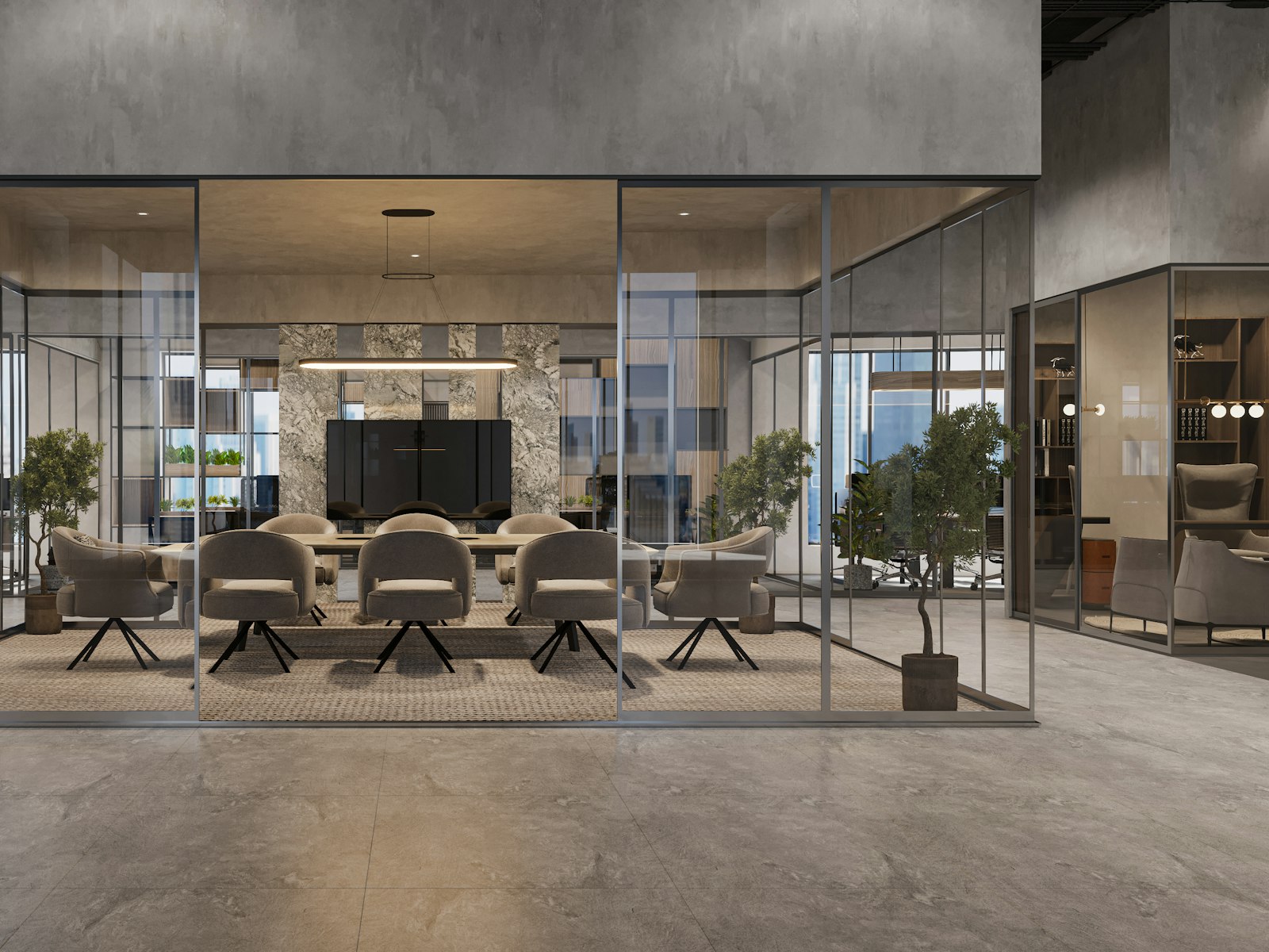 A glass-walled meeting room in a stone and timber office